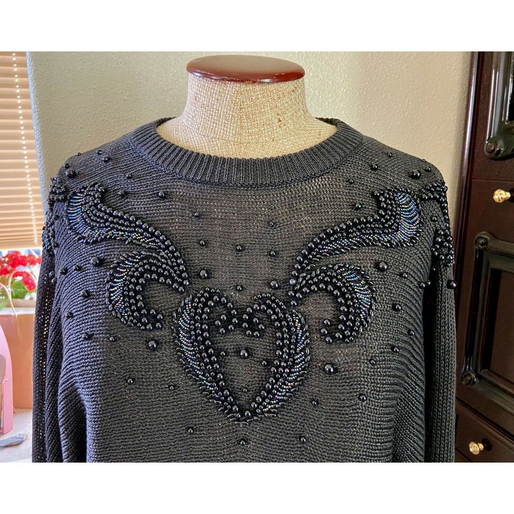 Vintage Ory New York Black Heart Beaded Knit Sweater Small